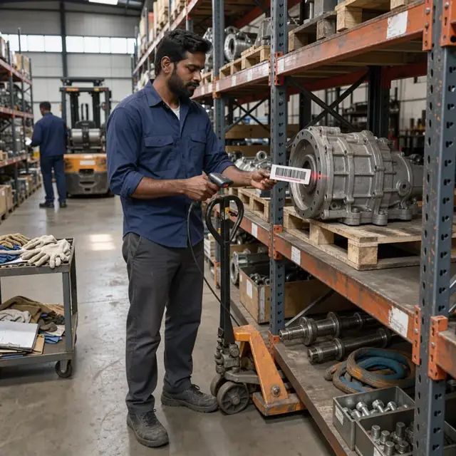 a storeroom attendant scanning a barcode on a large gearbox spare part stored on a heavy industrial shelving rack
