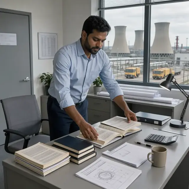 an engineer organizing stacks of technical reports and logbooks on a desk in a quiet office overlooking the cooling towers of a nuclear plant