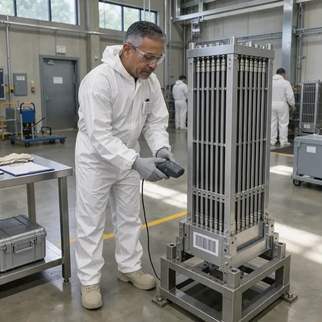 a technician in protective coveralls using a handheld scanner to verify barcode labels on a fresh nuclear fuel assembly inside a storage vault
