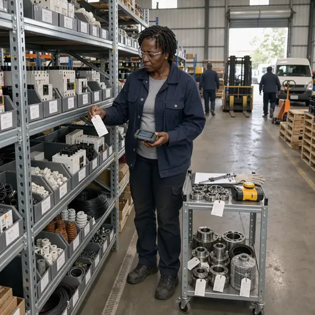 a technician in a warehouse checking part numbers and inspection tags on shelves of electrical components and mechanical spares