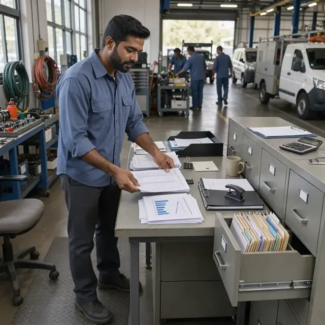 a worker at a standing desk organizing printed regulatory forms and performance charts next to a row of filing cabinets