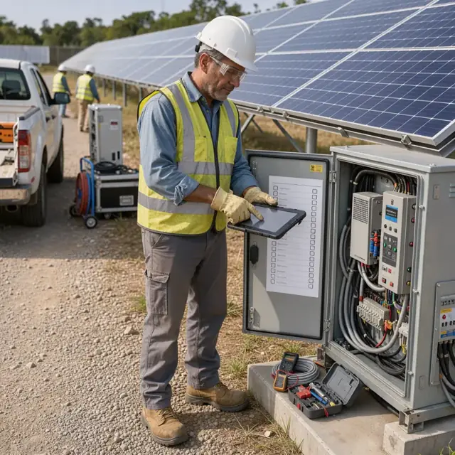 a worker in protective gear reviewing a tablet checklist beside an open inverter cabinet at the base of a solar array