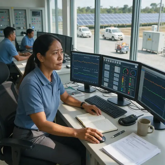 a technician seated at a desk with multiple monitors displaying solar array performance graphs and SCADA dashboards in a control room