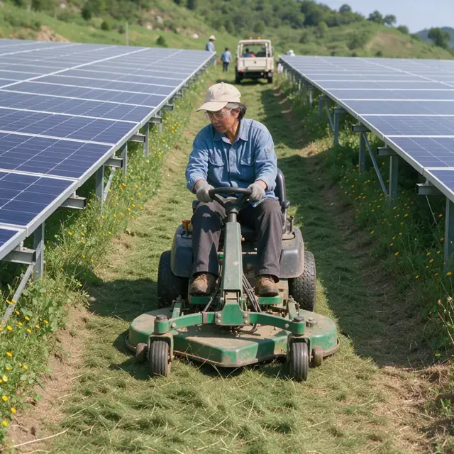 a worker operating a large mower between rows of ground-mounted solar panels on a sunny hillside