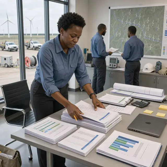 an engineer organizing stacks of printed reports and data logs on a conference table with a wind farm map on the wall
