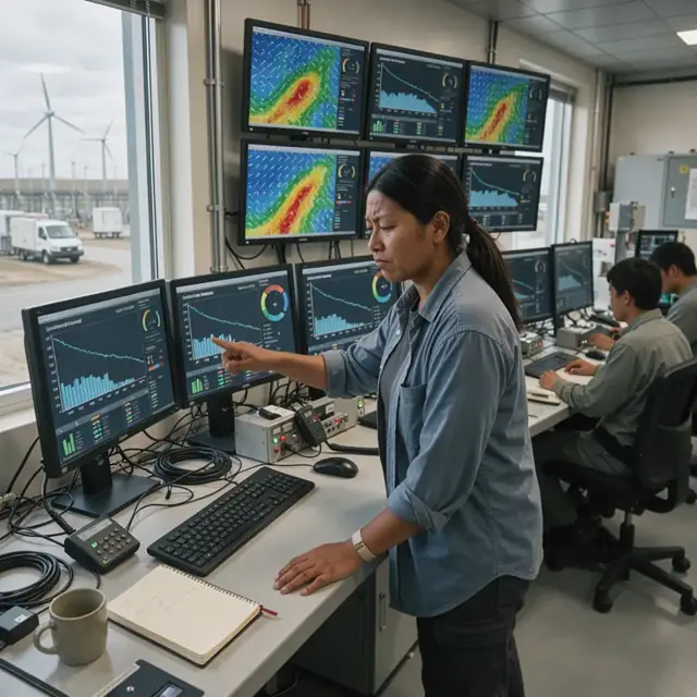 a control room operator reviewing large weather maps and turbine output charts on wall-mounted screens