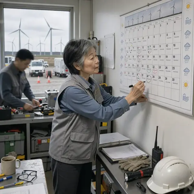 a planner marking maintenance dates on a large wall calendar showing multiple wind turbines and weather icons
