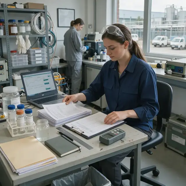 a technician organizing laboratory sample results and environmental monitoring logs at a desk with a plant window view