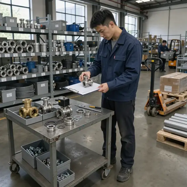 a worker in a parts storage room checking geothermal valve components against an inventory list on a clipboard