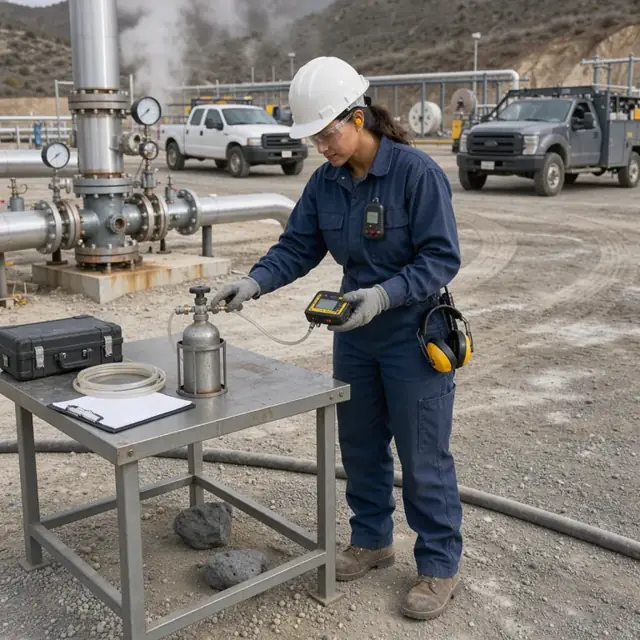 a worker in protective equipment testing a hydrogen sulfide gas monitor at an outdoor geothermal well pad