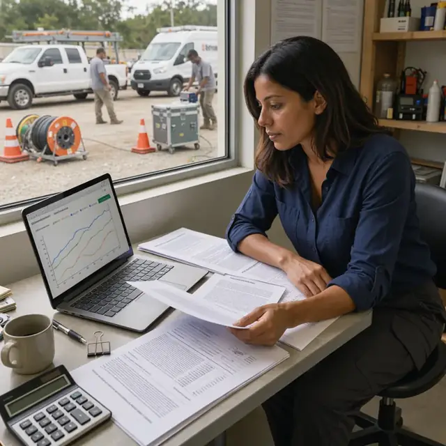 a desk with a laptop open to generation meter trend graphs beside printed power purchase agreement pages