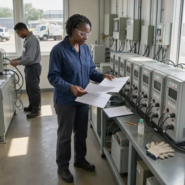 a technician reviewing printed charts from emission monitoring equipment next to a row of gas analyzers in the control building