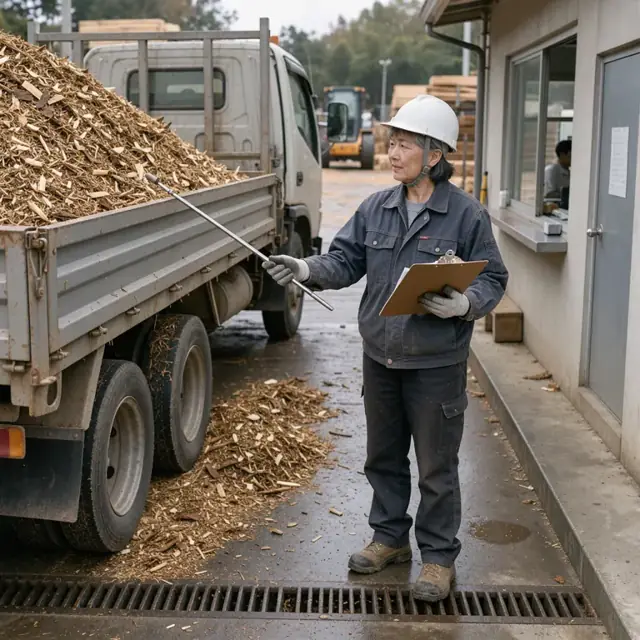 a worker standing beside a loaded wood chip truck at the scale house holding a sampling probe and clipboard