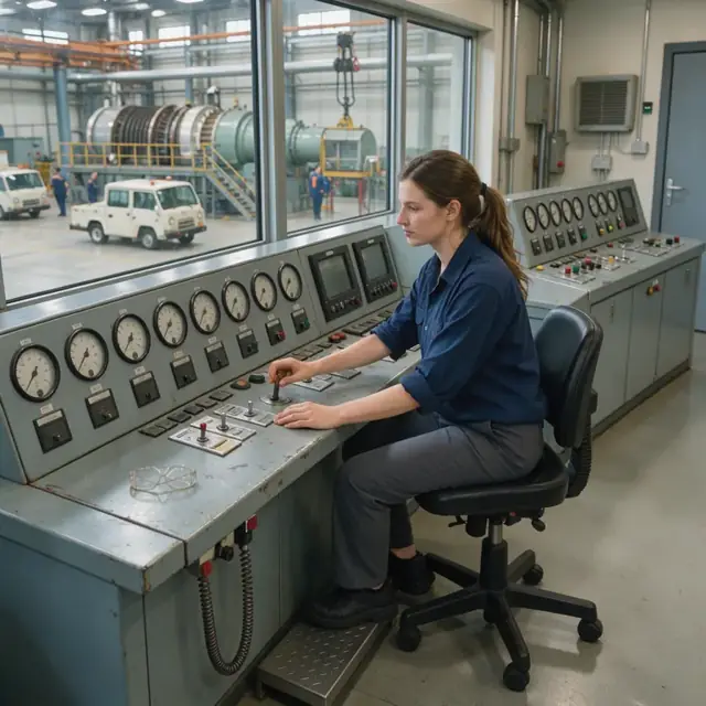 a control room technician seated at a console monitoring boiler and turbine gauges with a window overlooking the generator floor