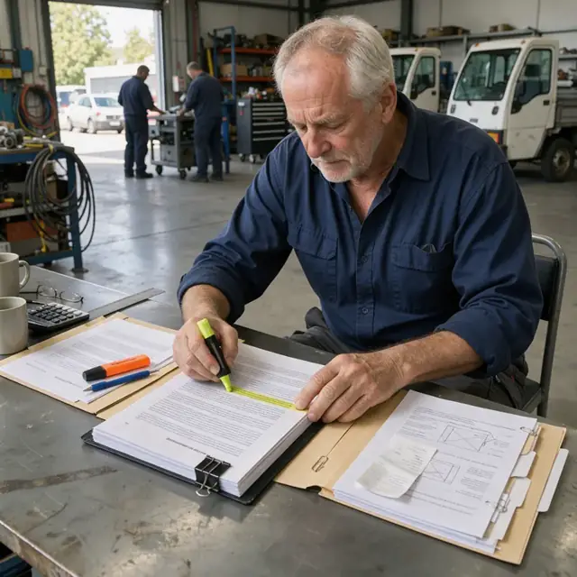a worker highlighting clauses in a thick printed contract while seated at a table with open folders of supporting documents