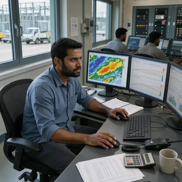 a worker at a desk with multiple monitors showing weather maps, irradiance graphs and hourly generation curves in a control room