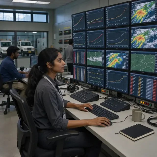 a worker seated in front of a large wall of monitors displaying real-time power curves, weather overlays and alarm lists in a dimly lit control room