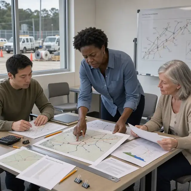 an engineer at a conference table reviewing printed interconnection study results and large-scale transmission maps