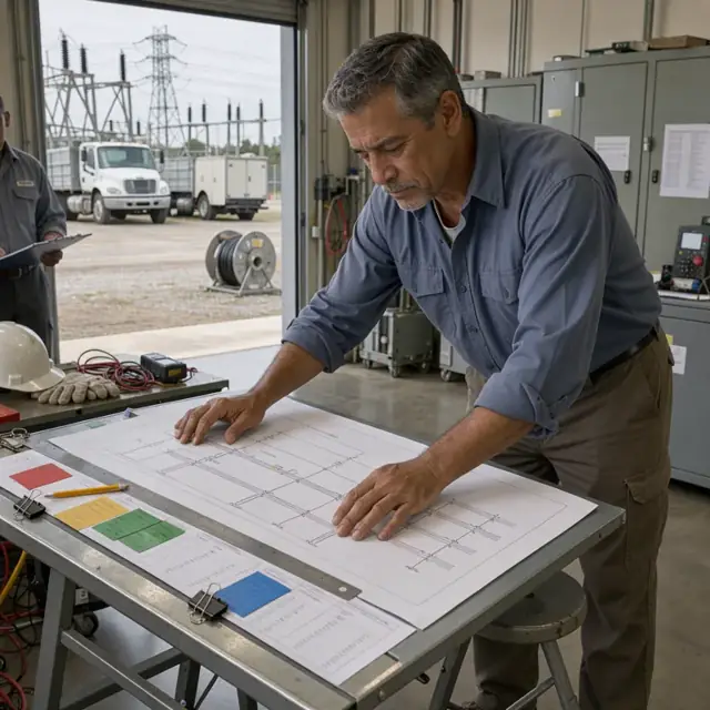 a transmission engineer studying a one-line diagram on a drafting table covered with printed switching orders and colored tags