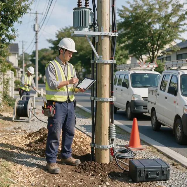 a technician updating utility pole and transformer records on a tablet while standing at the base of a newly installed distribution pole