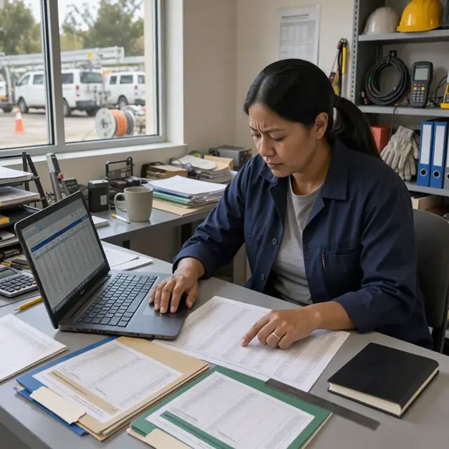 a utility employee reviewing meter data on a laptop at a desk covered with printed rate schedules and customer account folders