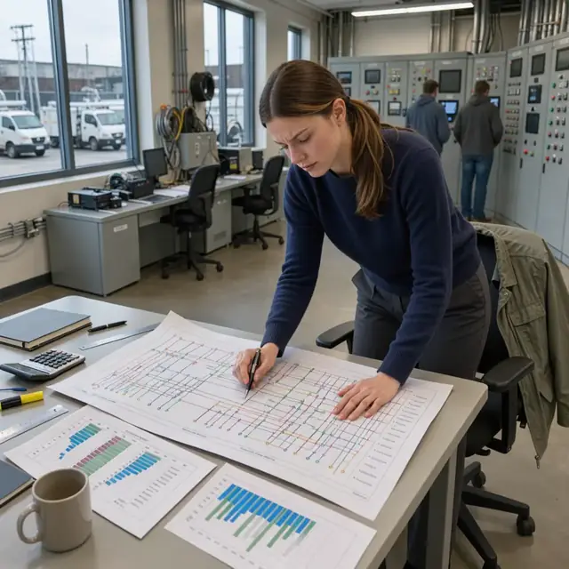an engineer studying large printed circuit maps and load charts on a conference table inside a utility control room