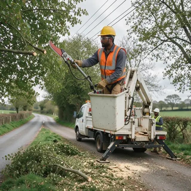a utility contractor operating a bucket truck to trim tree branches near overhead power lines along a rural roadside