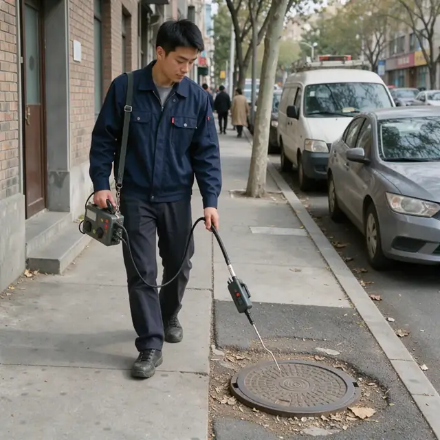 a utility technician walking a city sidewalk while holding a flame ionization detector wand scanning for natural gas leaks near a manhole