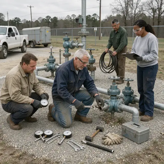a crew working on an above-ground natural gas regulator station with tools and pressure gauges laid out on the ground