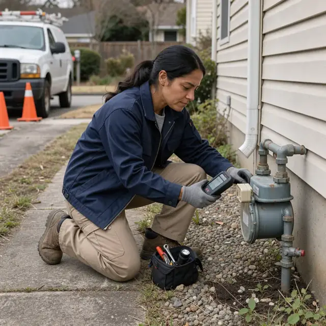 a utility worker kneeling at the side of a house using a handheld device to read a residential natural gas meter