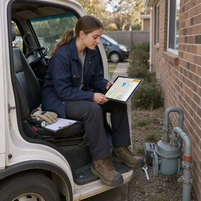 a utility worker in a truck cab reviewing a tablet with a highlighted service map and work order details parked beside a residential gas meter