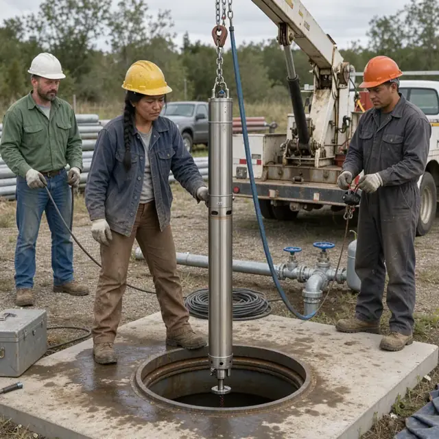 a crew using a hoist to lower a submersible pump into an open well casing on a concrete pad surrounded by piping and valves