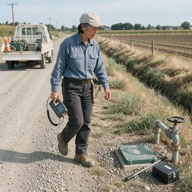 a utility worker walking a rural gravel road carrying a handheld meter reader toward a buried meter box next to an irrigation valve