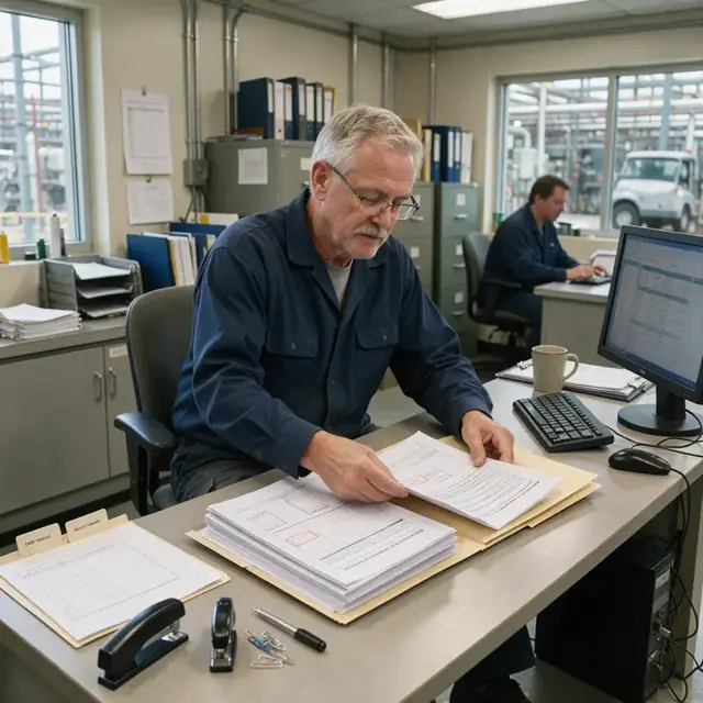 an operator organizing printed lab reports, flow charts and permit documents on a desk next to a computer in a plant administration office