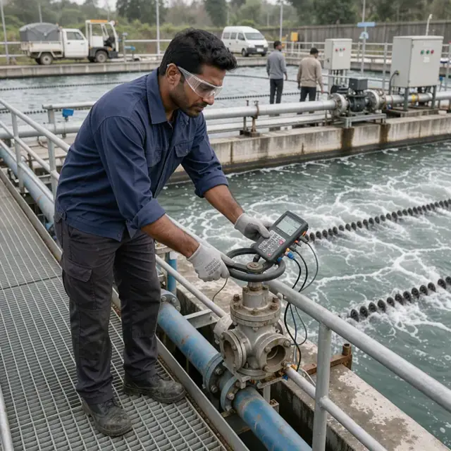 an operator adjusting a valve on a large aeration basin while checking dissolved oxygen and airflow readings on a handheld meter