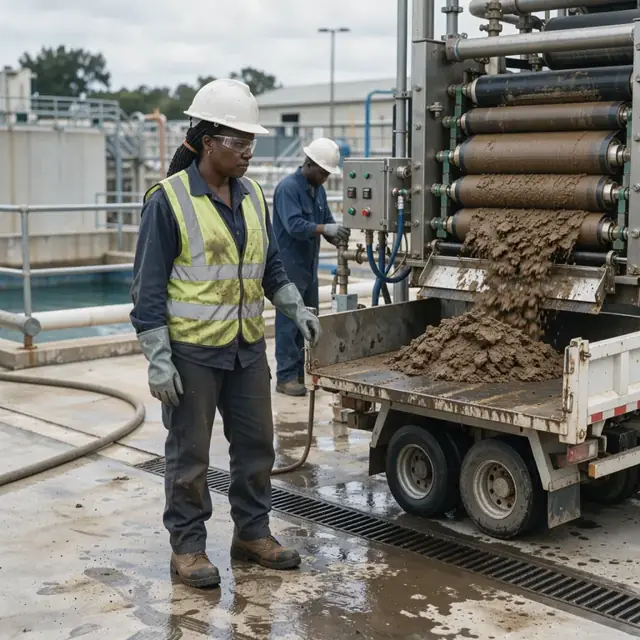 an operator monitoring a belt filter press discharging dewatered biosolids into a waiting dump truck at a treatment plant