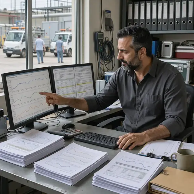 an analyst at a workstation reviewing meter trend graphs and contract terms on dual monitors next to stacks of printed usage reports