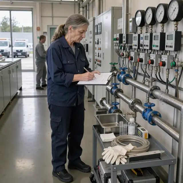 a technician in a control room recording water chemistry readings from a chilled water loop onto a clipboard beside a row of monitoring instruments