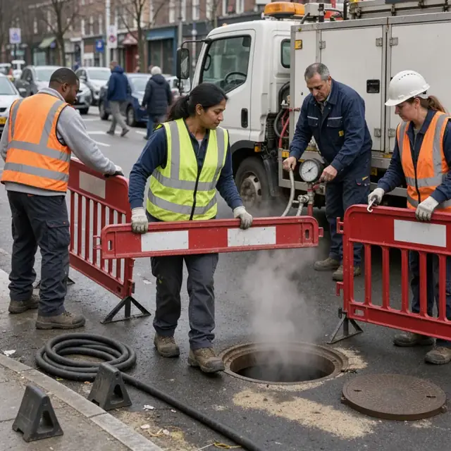 a crew in safety vests positioning barriers around a steaming manhole while a supervisor checks a pressure gauge on a repair truck