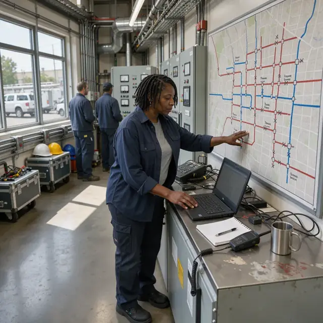 a utility control room with an operator reviewing a large wall map of underground steam and chilled water mains while entering notes into a laptop