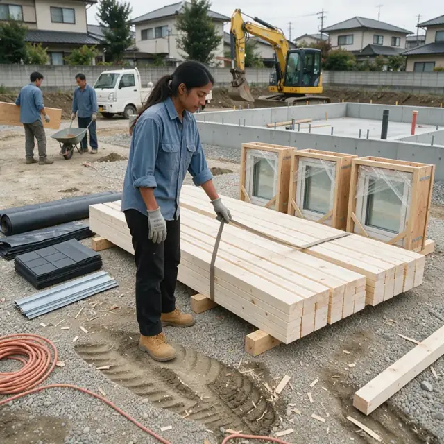 a stack of lumber bundles, window crates and roofing materials staged neatly beside a new house foundation