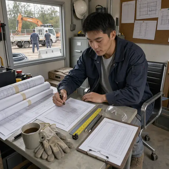 a construction site trailer desk covered with rolled building plans, permit application forms and a clipboard with inspection checklists