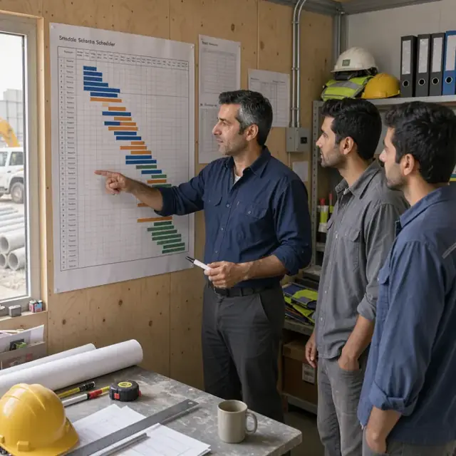 a scheduler pointing at a large printed Gantt chart pinned to the wall of a construction office while holding a marker