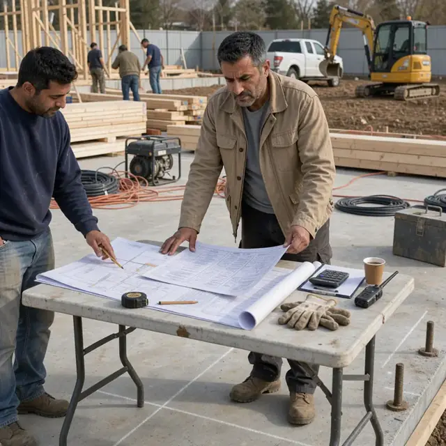 a worker reviewing subcontractor bids and construction plans at a folding table set up on a concrete foundation slab