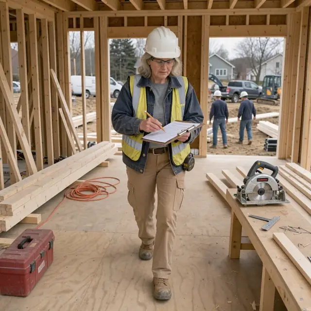 a worker walking a framed house while marking progress on a printed schedule clipped to a clipboard
