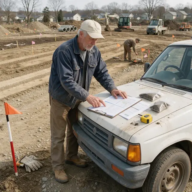 a worker standing on a cleared building lot reviewing survey stakes and soil test reports spread across the hood of a pickup truck