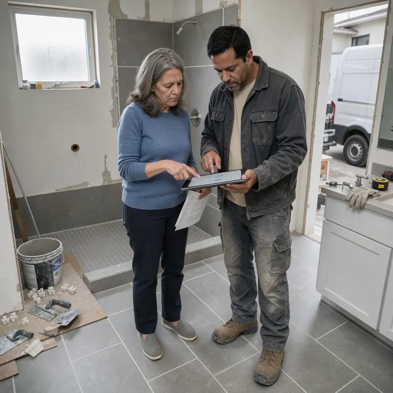 a contractor and homeowner reviewing a change order on a tablet in a half-finished bathroom with new tile on the floor