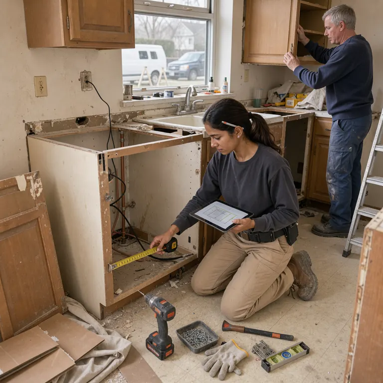a remodeling contractor measuring an old kitchen with a tape measure and tablet, cabinets partly removed