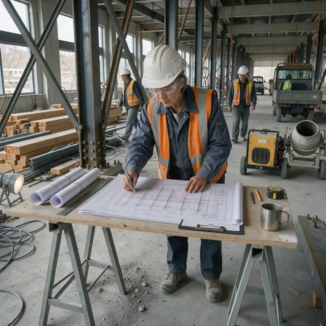 a worker reviewing revised structural drawings at a makeshift desk inside a building under construction surrounded by steel beams