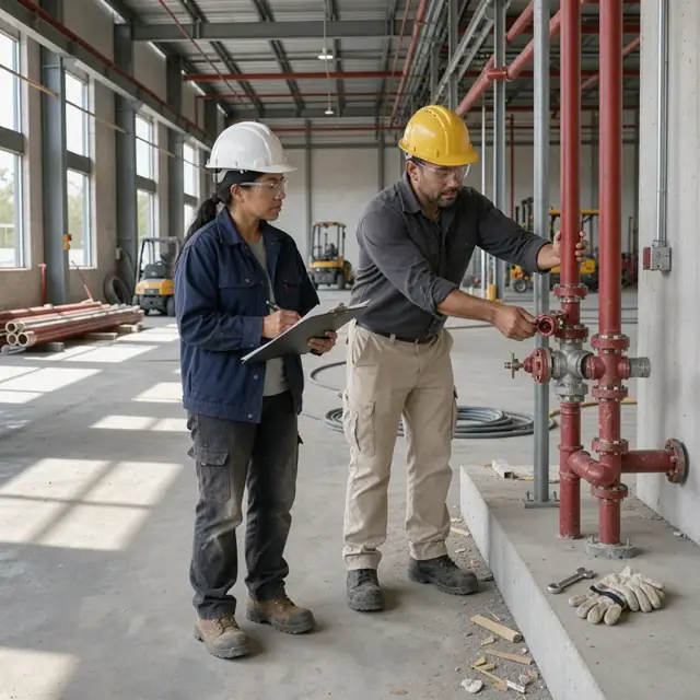 a worker holding a clipboard while observing an inspector examining installed fire suppression piping inside an unfinished industrial facility